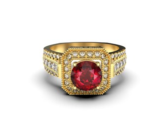 May include: A gold ring with a large red gemstone surrounded by smaller white gemstones. The ring has a detailed design with intricate carvings.