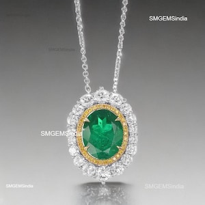 3.50 Carats Natural Zambian Emerald And Diamond Necklace / 18K Solid Gold Women Gift Necklace / Anniversary Wedding Necklace Gift