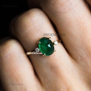 Unique Oval Cabochon Emerald and Diamond Ring, Wedding Anniversary Gift , 14K Gold Emerald Ring