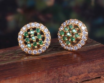 Women's Stud Emerald Earrings in 14k Solid Gold / Natural Emerald Earrings For Womans / Designer Round May Birthstone Emerald Earrings.