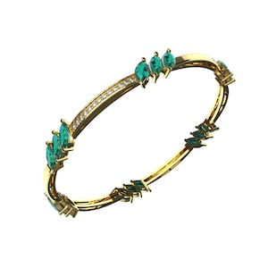 14k Solid Gold Marquise Natural Emerald And Diamond Bangle Bracelet For Women And Girls / Anniversary Gift Bangle