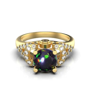 Natural Black Opal And Diamond Engagement Ring For Women And Girls / Ethiopian Opal And Diamond Gift Ring / 14k Gold Opal Ring