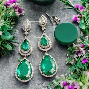 Natural Pear Shape Emerald And Diamond Dangle Drop Earrings / 18k Solid Gold Women Gift Earrings / Anniversary Wedding Gift  Earrings