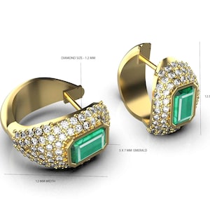 Emerald Cut Emerald and Diamond Huggies: 18k Solid Gold Earrings
