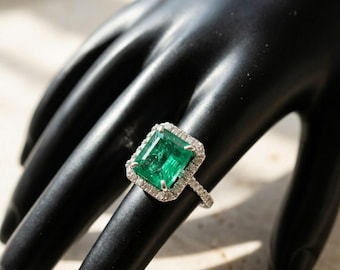 Anillo de diamantes y esmeralda, piedra de esmeralda verde, oro amarillo, 4,90 quilates. Anillo de regalo para mujer.