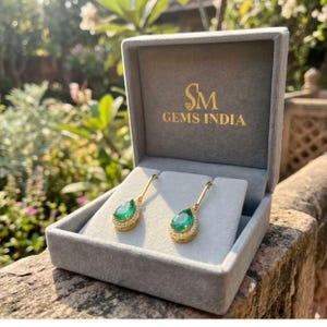 Emerald Earrings, Natural Emerald, Diamond Earring, 18kt Gold Anniversary Gift Earrings