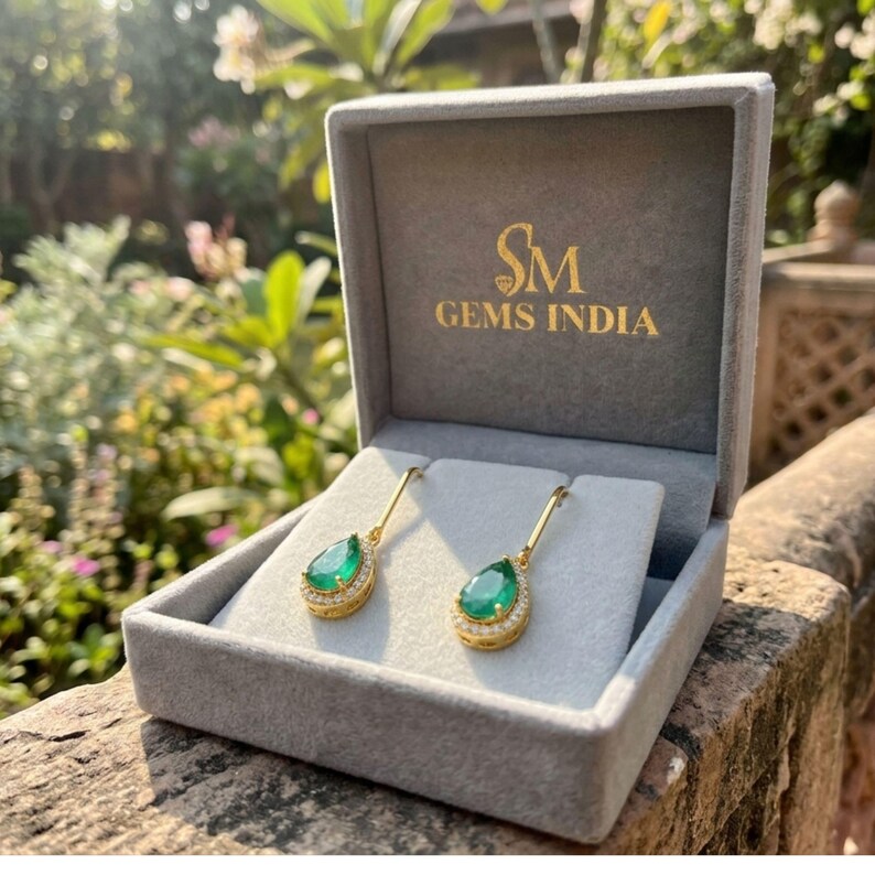 Emerald Earrings, Natural Emerald, Diamond Earring, 18kt Gold Anniversary Gift Earrings