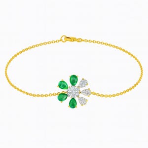 Natural Emerald & Diamond Bracelet: 14k/18k Gold Link Chain, May Birthstone Pear Shape