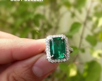 Natural Emerald Diamond Halo Ring: 14k Gold Engagement Ring - 14k Solid Gold Women Gift Ring
