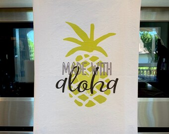 Flour Sack Kitchen Towel - Made with Aloha - Green Pineapple -  HI Hawaii Aloha Hostess Gifts Kitchen Family Gift Hawaiian