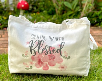 Aloha Bag. Aloha Tote Bag. White Cotton Canvas Tote Bag - Grateful, Thankful, Blessed - Pink Floral Cherry Blossom - Hawaii beach bag