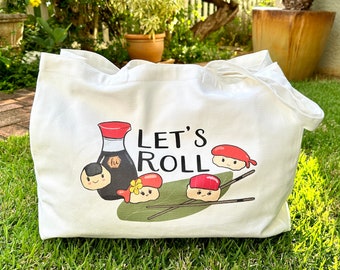 Aloha Bag. Aloha Tote Bag. White Cotton Canvas Tote Bag - Let’s Roll - Shoyu Sushi Rolls - Hawaii beach shopping bag gift