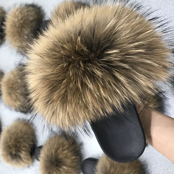 Fluffy Fuzzy Slides Kids Women Pom Poms Puffs Slippers Natural Brown Raccoon with black tips Natura Furry Sandals Slippers Big Large Furry
