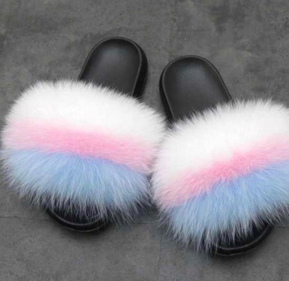 light blue fluffy slides