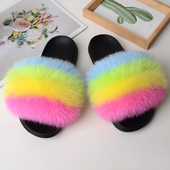 Rainbow Real Fox Fur Combo Fur Slides Custom Furry Sandals | Etsy