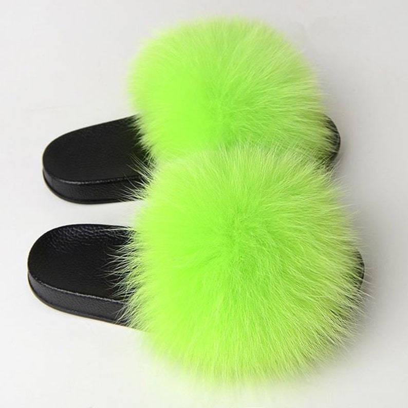 Large Fluffy Slippers Bright Green Fox Fur Sandals Instagram | Etsy
