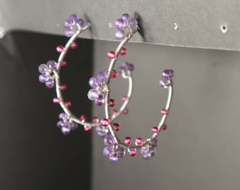 Amethyst and red spinel earrings, amethyst flower vine earrings