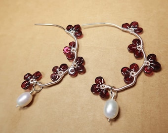 Red garnet and pearl earrings, red gemstone flower vine earrings