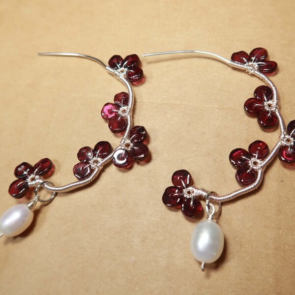 Red garnet and pearl earrings, red gemstone flower vine earrings