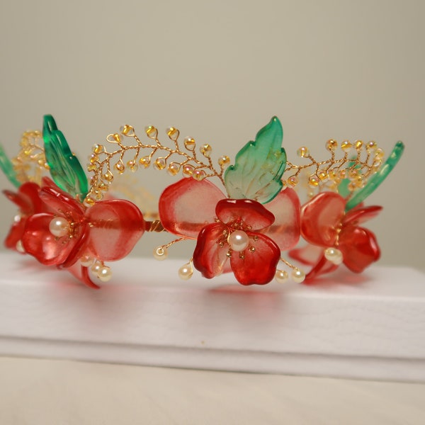 Red glass flower tiara,floral hair vine