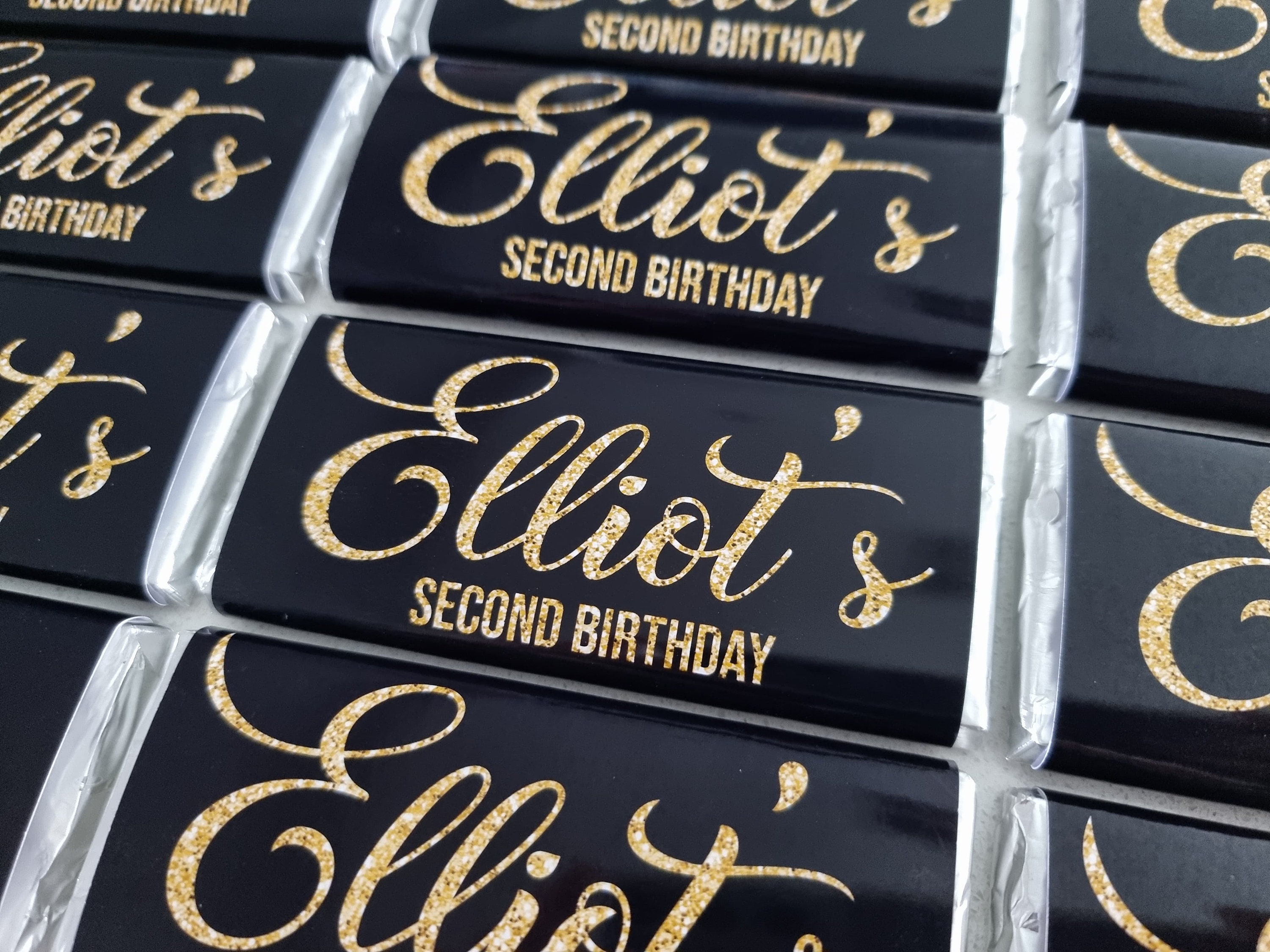 Personalised Chocolate Bars featuring gold glitter writing Etsy
