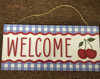 12.5”x6” MDF “Welcome” Cherry Sign - Blue/White/Red AP8740