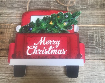 Red Truck Merry Christmas Sign, Red Truck Sign, Christmas Sign, Christmas Trees Sign, MDF Red Truck Sign