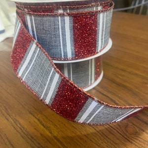 1.5&quot; X 10yd Wired Multi Stripe / Bold Glitter Ribbon - Grey / Red / White - RGC156910