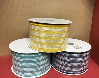 2.5”x10yd Wired Ribbon, Braided Stripe ribbon, diamond ribbon,  ribbon, farmhouse, teal ribbon, navy ribbon