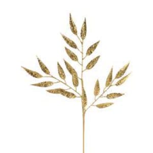 以下が含まれることがあります： クラフトやデコレーション用のゴールドグリッターリーフスプレー。スプレーは、ゴールドグリッターで覆われた繊細な尖った葉を持つ複数の枝を特徴としています。