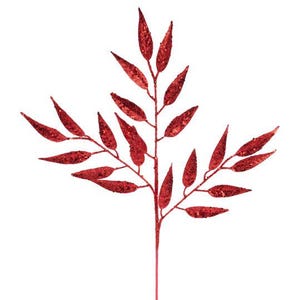 28&quot;L Red Glitter/Hex Glitter Leaf Spray - XS241224