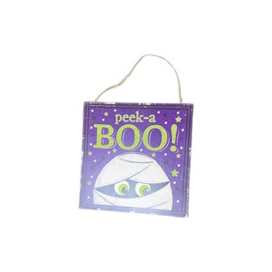 10”Sq MDF Glitter “Peek-A Boo” Mummy Sign - Purple / White / Lime