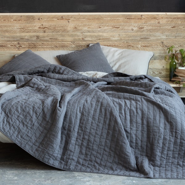 Solid Doublesided Quilted Linen Bedspread | Linen Coverlet | Linen Quilt | Linen Blanket | 100% Flax | ECO-Design (Charcoal | Dark Gray)