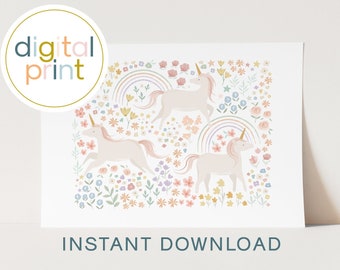 Floral Unicorn Landscape Print – Children's Bedroom Decor (Digital Download)