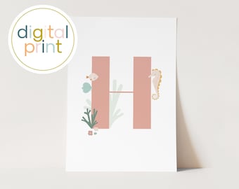 Personalized Mermaid Initial Print, Under the Sea Nursery Decor (Digital Download)