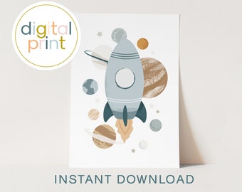 Printable Rocket Spaceship Art Print, Space/ Planets Theme Bedroom Decor, Space Wall Art, Galaxy Playroom Print, Children's Solar System