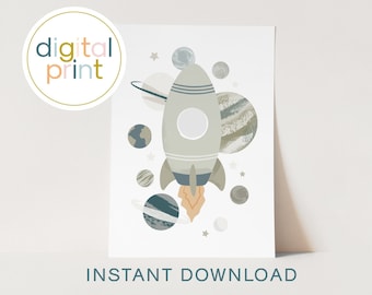 Printable Rocket Spaceship Art Print, Space/ Planets Theme Bedroom Decor, Space Wall Art, Galaxy Playroom Print, Children's Solar System