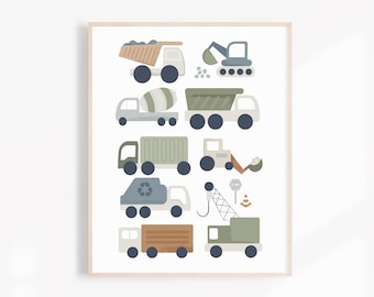 May include: A printable art print featuring a collection of illustrated construction vehicles in various shades of green, brown, and blue. The vehicles include a dump truck, cement mixer, garbage truck, crane, excavator, and more.