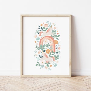 Unicorn Floral Childrens Wall Print, Rainbow Nursery Art, Girls Room Decor, Modern Kids Room.