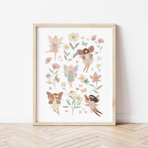 Fairy Wildflower Wall Print - Blush Pink & Sage Green Girls Bedroom Wall Art - Floral Decor for Kids - Pretty Pink Wall Decor