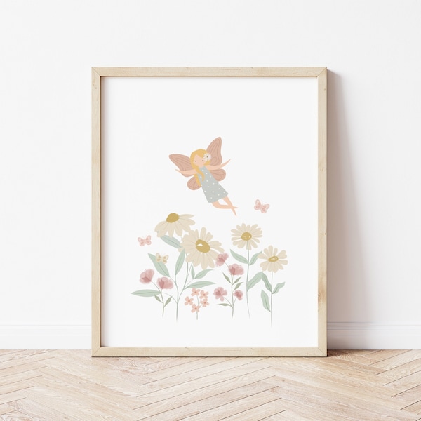 Fairy Wildflower Wall Print - Flowers, Butterflies & Pixies - Girls Bedroom Wall Art - Floral Decor for Kids - Pretty Pink Wall Decor