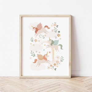 Impresión de pared de unicornio, póster de dormitorio para niñas, decoración de guardería, impresión de sala de juegos de unicornio/princesa, decoración de arcoíris, bonito tema de arte de pared