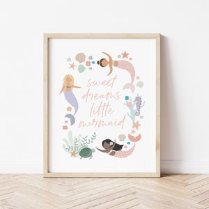Impresión para niños de sirena, arte de pared del océano para niños, decoración de dormitorio de sirena, impresión de sala de juegos bajo el mar, decoración de guardería, póster de dormitorio para niñas.