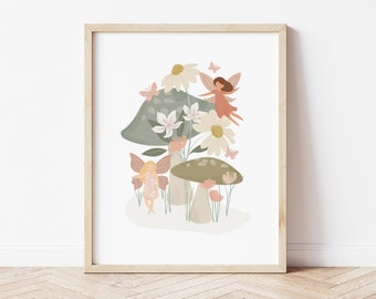 Boho Fairy Wildflower Wall Print - Whimsical Floral Girls Bedroom Wall Art - Toadstool/ Pixie/ Floral Decor for Kids - Boho Wall Decor