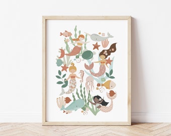 Mermaid Kids Print, Ocean Nursery Wall Art