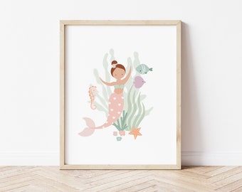 Mermaid Kids Wall Art Print, Under The Sea Nursery Decor