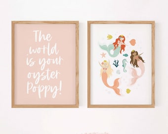 Mermaid Nursery Prints, Personalized Kids Bedroom Wall Art Set
