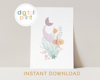 Mermaid Nursery Art Print – Under the Sea Illustration (Digital Download)