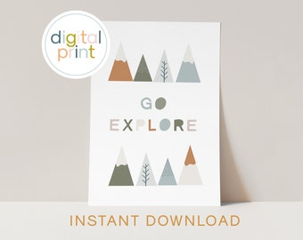 Digital 'Go Explore' Print Download - Adventure Nursery Art - Scandi Decor - Neutral Kids Bedroom Wall Print