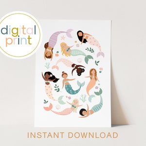 Descarga digital de impresión de sirena - Impresión infantil de sirena, decoración de dormitorio de sirena, decoración de guardería, cartel de dormitorio de niñas.